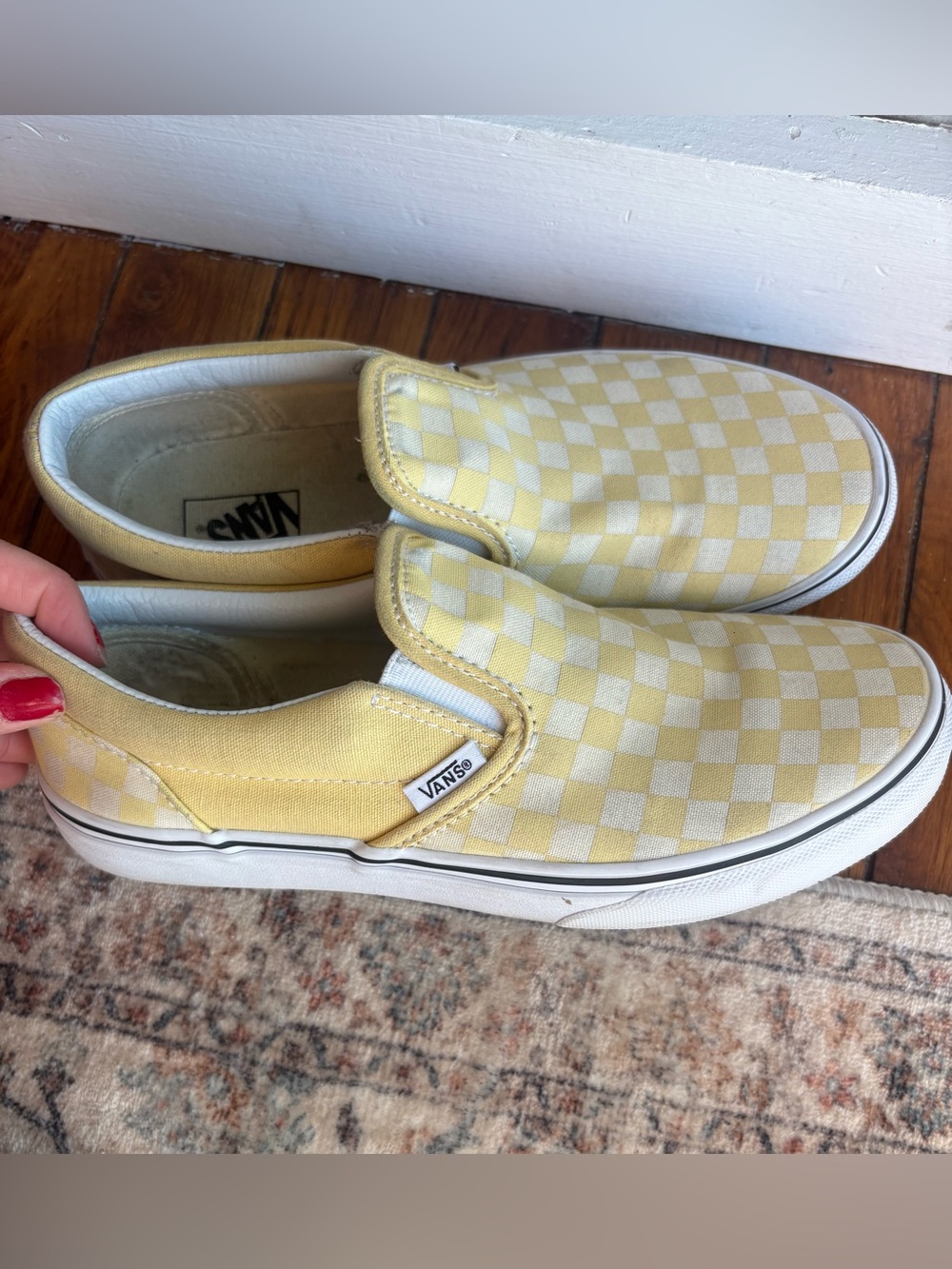 Vans 6 Kids Yellow and White Checkerboard Slip-On Sneakers